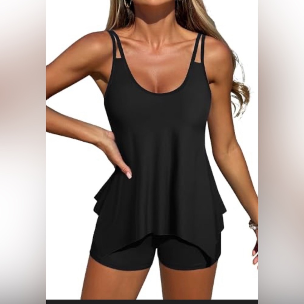 Zaful Black Tankini Top Built-in Bra Padded Adjustable Straps Small NWT